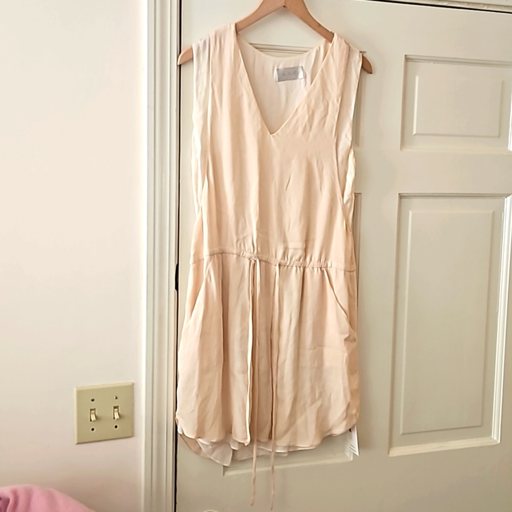 ALC Dress Womens Silk Elastic Waist Sheer V Neck Sleeveless Pockets Lined